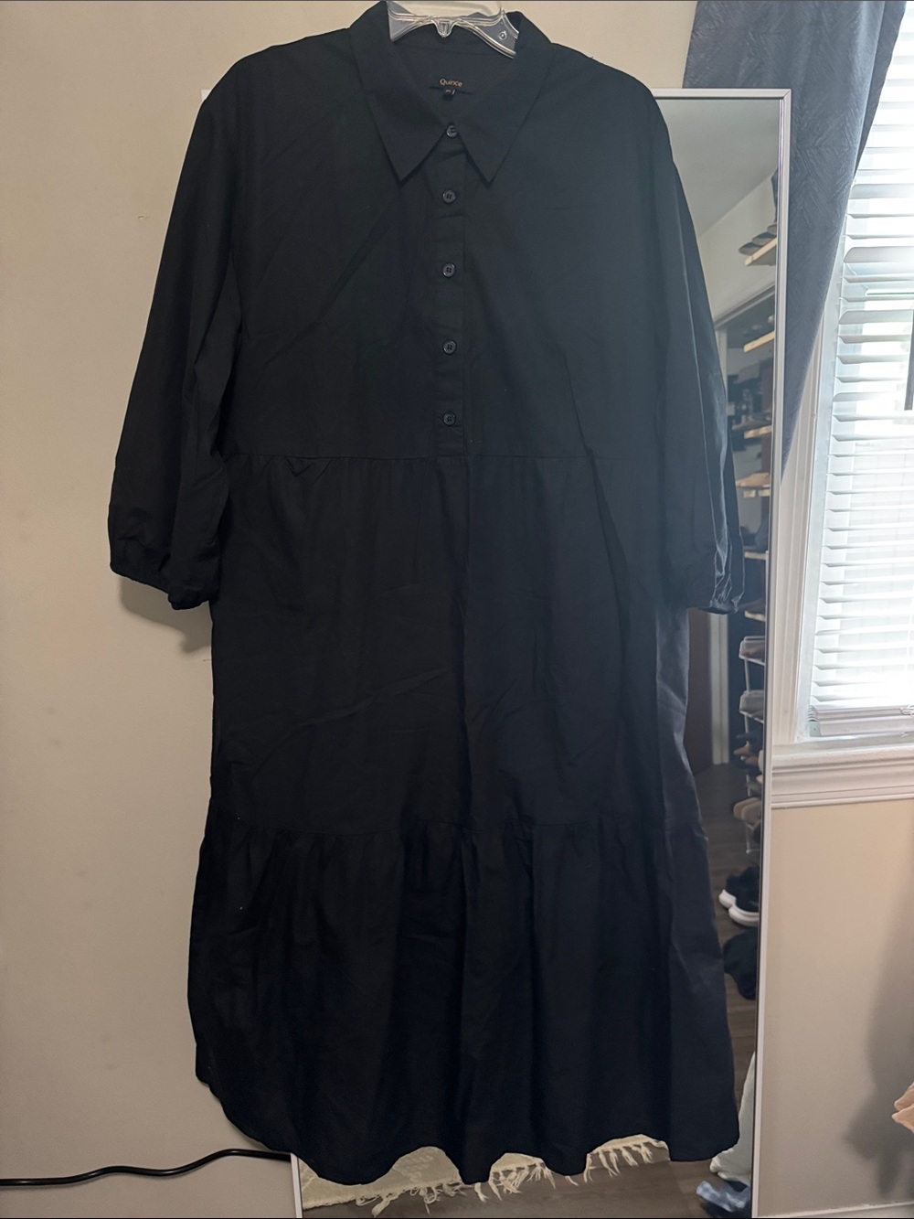 Quince Black Button-Front Midi Dress